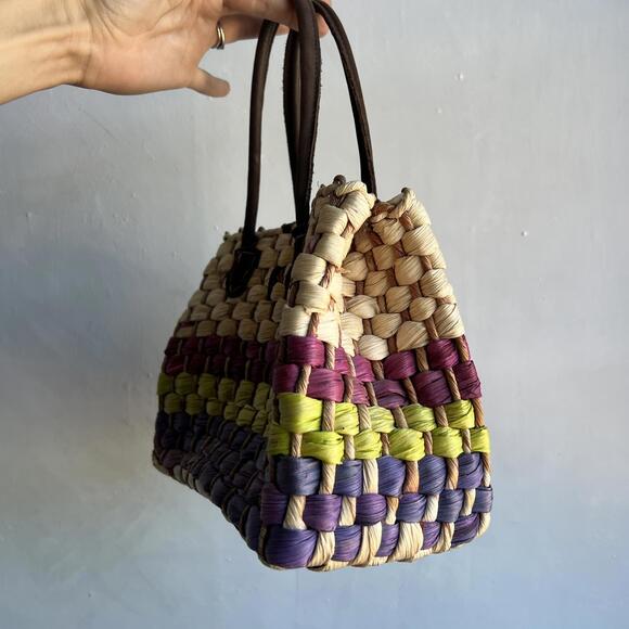 Vintage Handmade Women's Woven Straw Shoulder Bag Purse Beach Bag Leather Handle - Picture 12 of 12